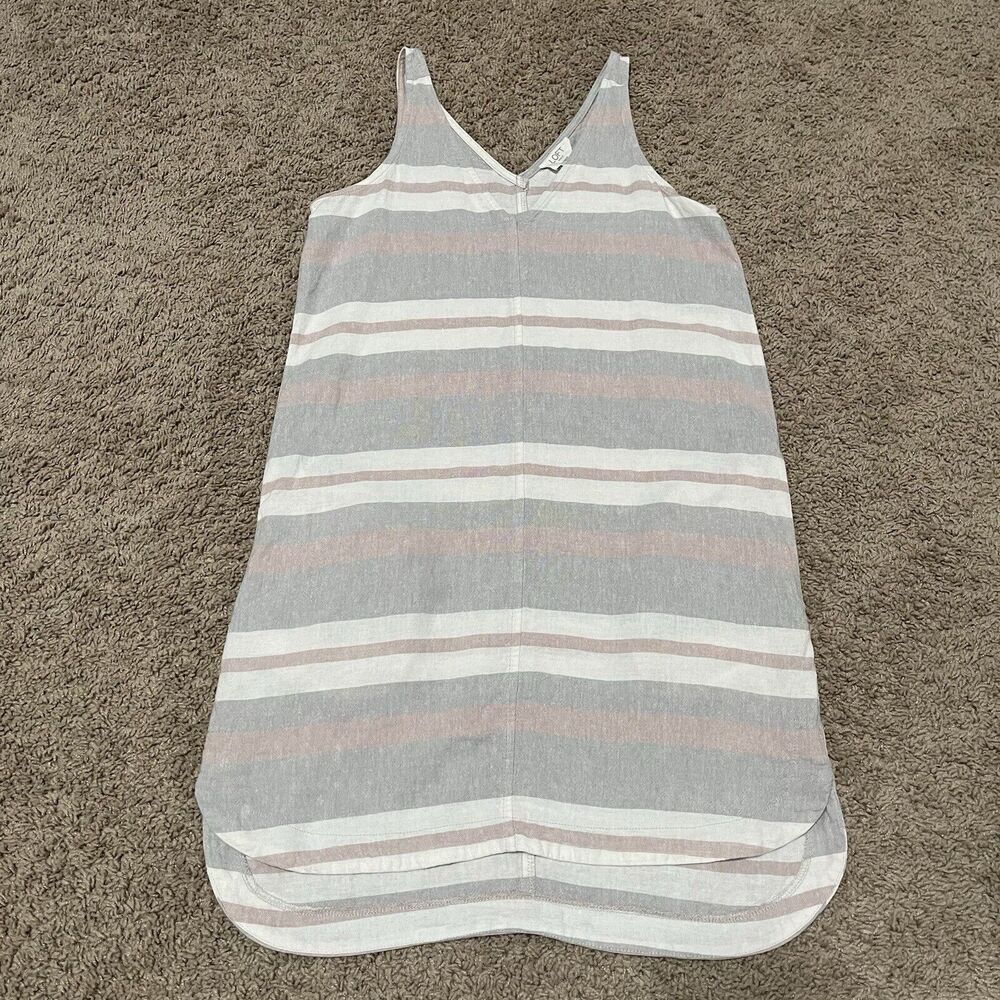 LOFT Dress Womens XS Grey Striped Lounge Linen V Neck Sleeveless‎ Pockets Beach
